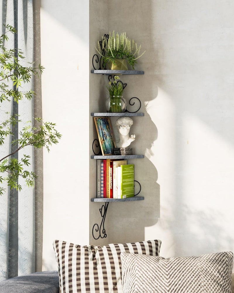 Alsonerbay Wall Mount Corner Shelves 4 Tier Floating Corner Storage Wood Shelves Decorative Rustic Radial Shelf in Cat Shape Weathered Grey - Image 4